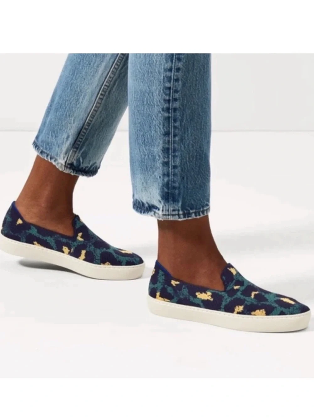 Rothy’s Original Slip On Sneaker Navy Teal Yellow Leopard Knit Shoes Size 11